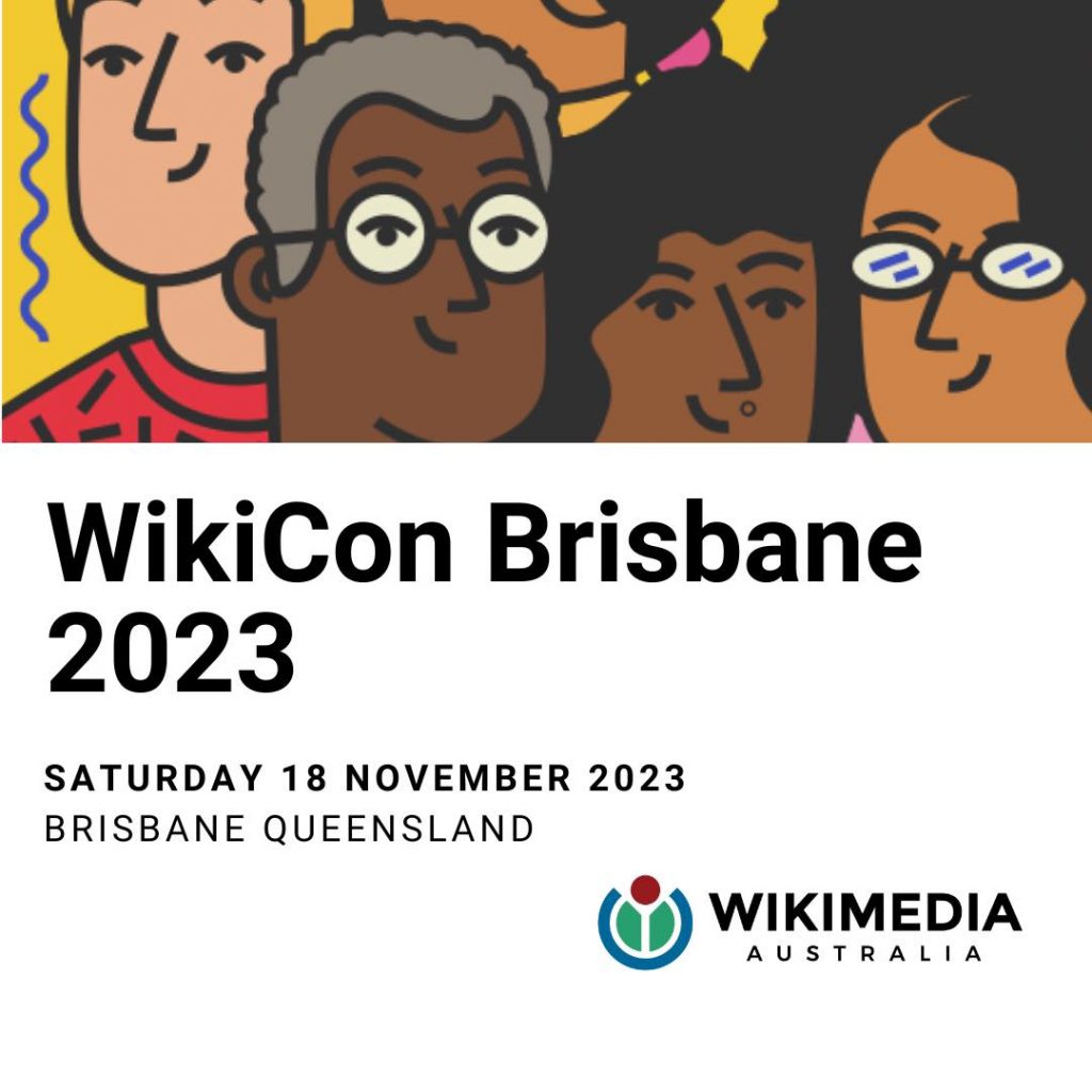 A graphic banner promoting Wikimedia Australia's national conference WikiCon Brisbane 2023. It includes a section of an illustration of five people from diverse backgrounds in a group.