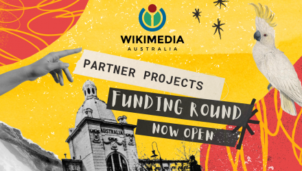 A graphic banner promoting funding for Wikimedia Australia's 2024 Partner Projects. The promotional message is centred within a collage of images including an historical building, a hand pointing and a sulphur-crested cockatoo.