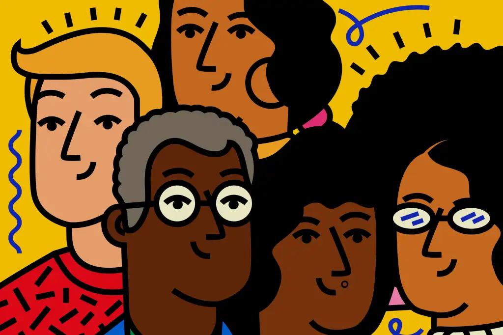 An illustration of five people from diverse backgrounds in a group.