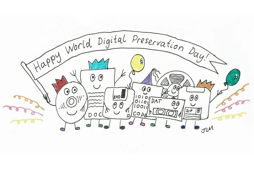 A hand illustration showing anthropomorphised digital file formats and media types wearing paper crowns such as CD ROM, floppy disks, HTML code, film and DOC files. Around them are colourful balloons and streamers. The CD ROM character on the left holds a flagpole on which  is a flag mid-flight that reads, ‘Happy World Digital Preservation Day’.